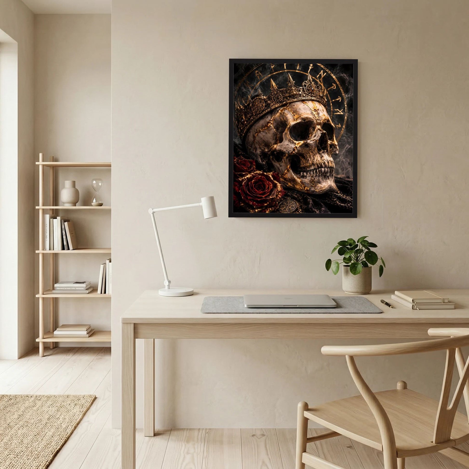 Gerahmtes Poster mit Totenkopf, goldener Krone, Runenring und roten Rosen, schwarz-gold