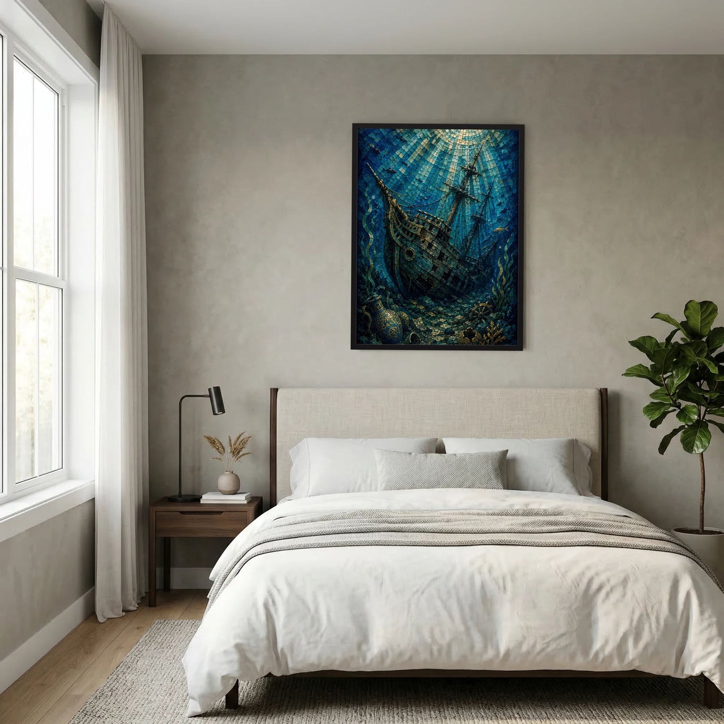 Wandposter mit versunkenem Segelschiff als Mosaik, blau und gold im Schwarzrahmen