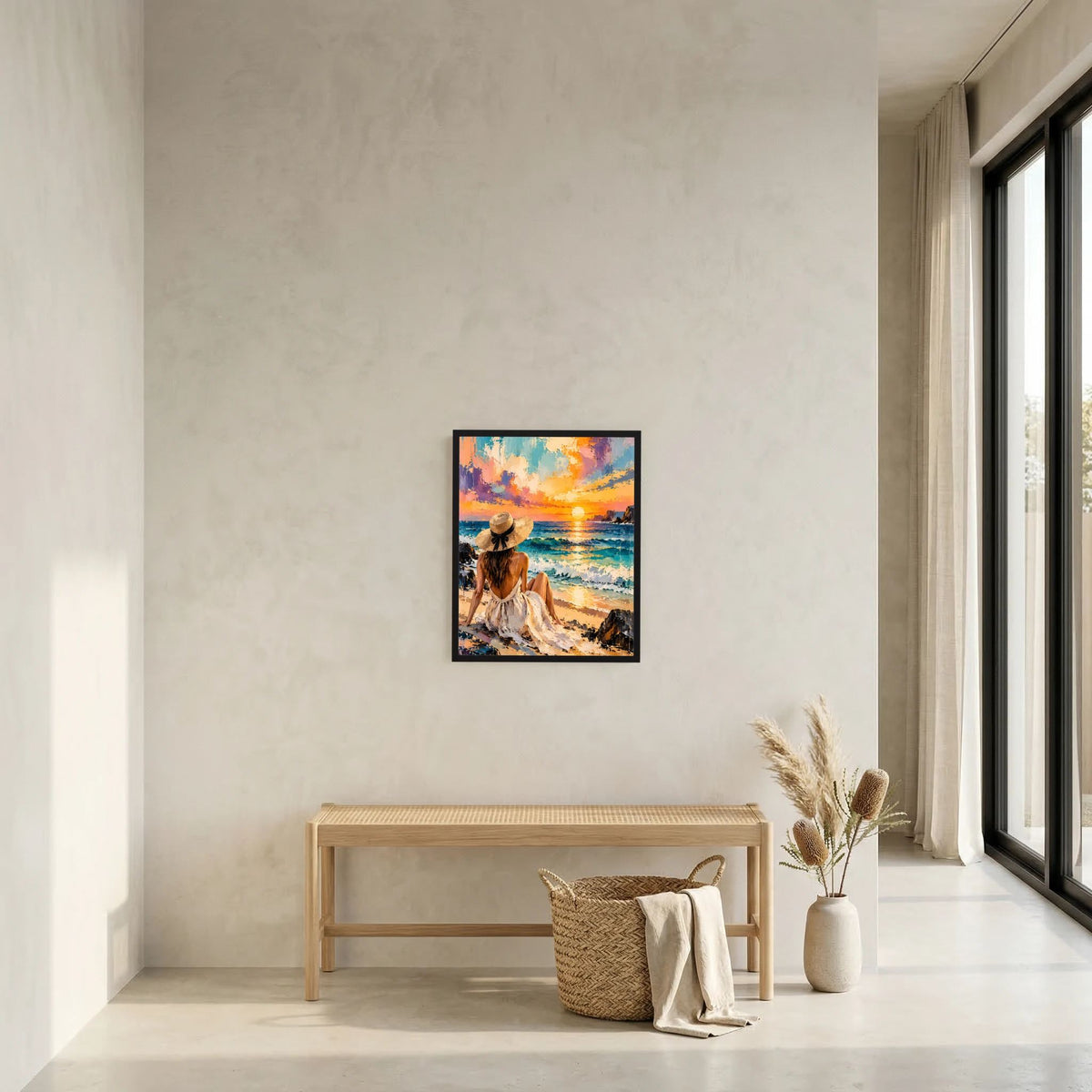 Gerahmtes Strandkunst-Poster mit Strandfrau im Sonnenuntergang, türkis und orange