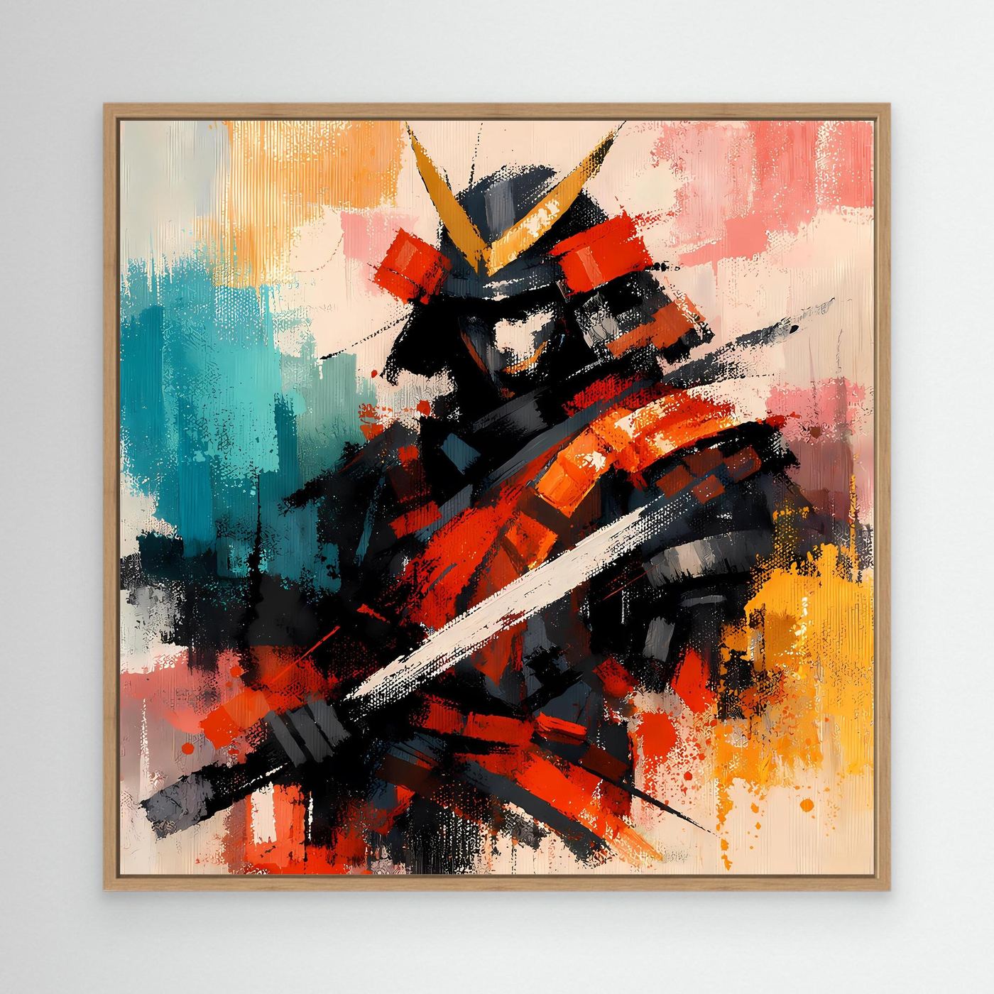 Leinwandbild im Eichenrahmen: abstrakter Samurai-Krieger mit schwarzem Helm, Schwert in Orange/Blau