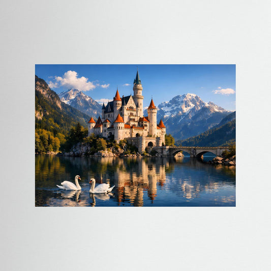 Querformat-Poster mit Märchenschloss am Bergsee, Schwänen im Wasser und Alpenkulisse