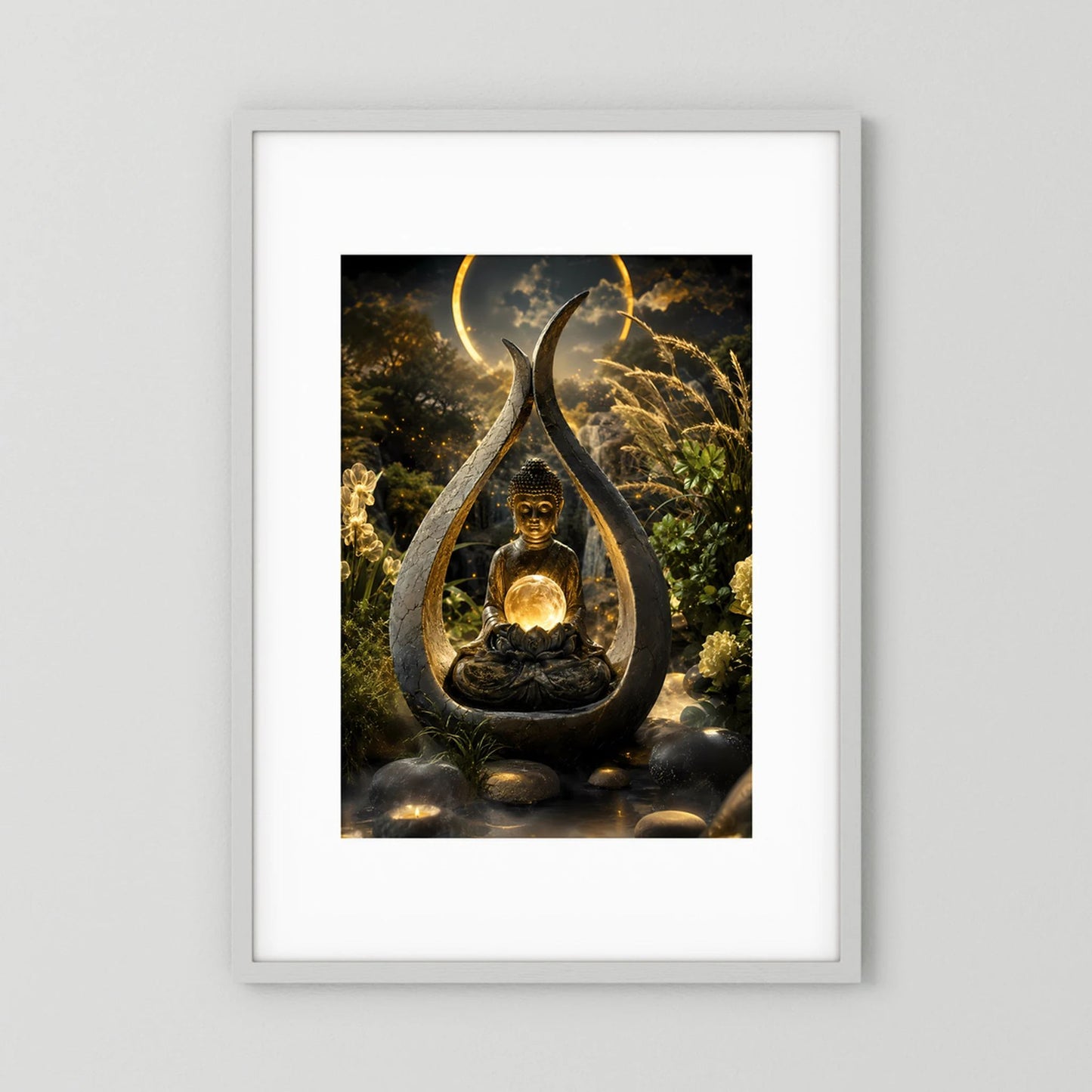 Hochformatiges Kunstposter mit meditierendem Buddha in goldener Lichtkugel