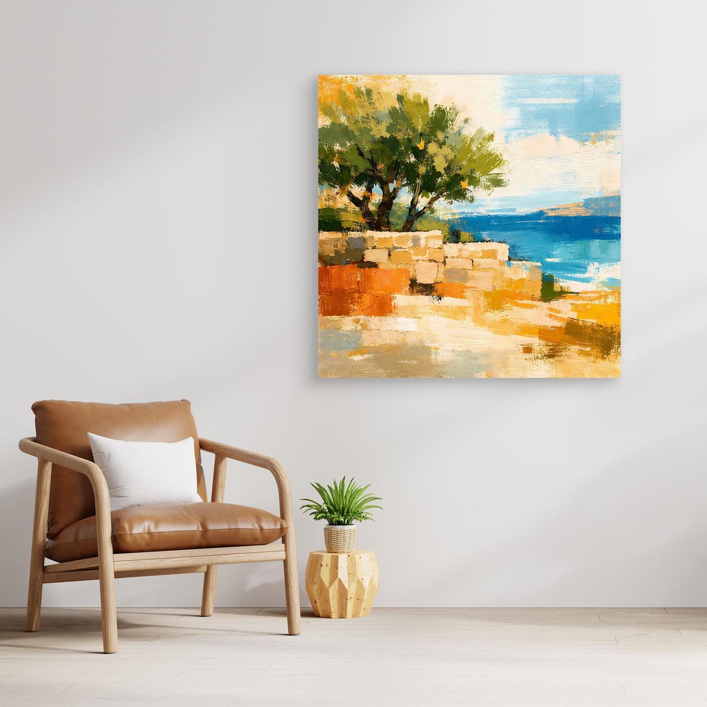 Leinwand Olivenbaum an der Mittelmeerküste | Abstraktes Natur Strand Wandbild