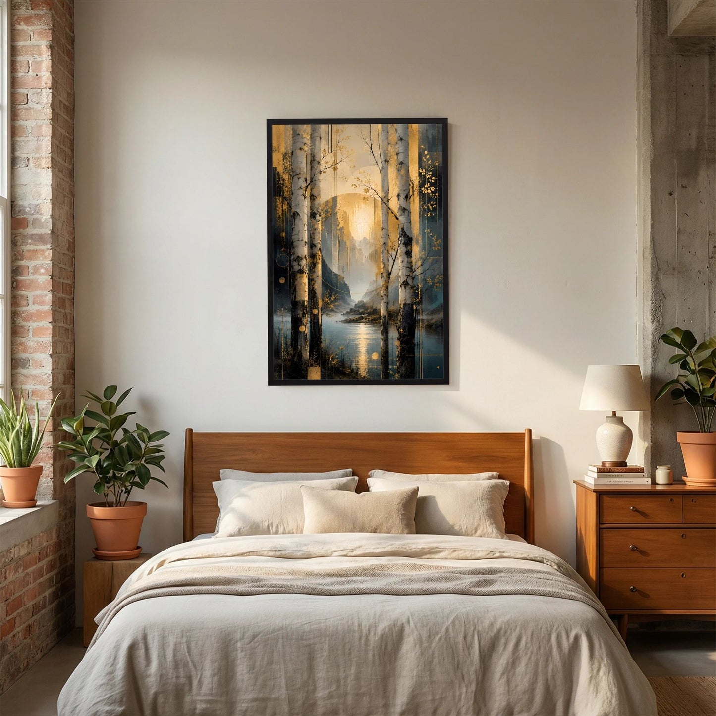 Hochformatiges Wandposter im schwarzen Rahmen mit abstrakter See-Landschaft zwischen Birken, goldblau