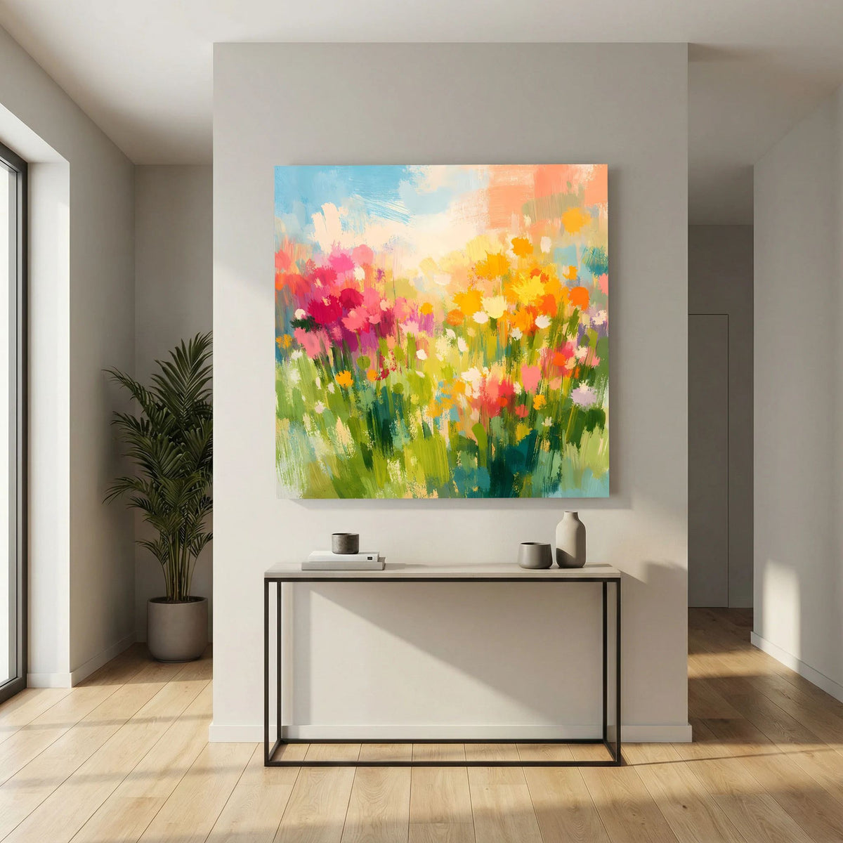 Abstraktes quadratisches Leinwandbild: Sommerwiese mit bunten Wildblumen