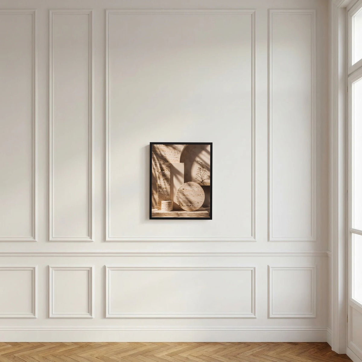 Abstraktes Architektur-Poster mit schwarzem Rahmen, beige Formen und Kreisscheibe