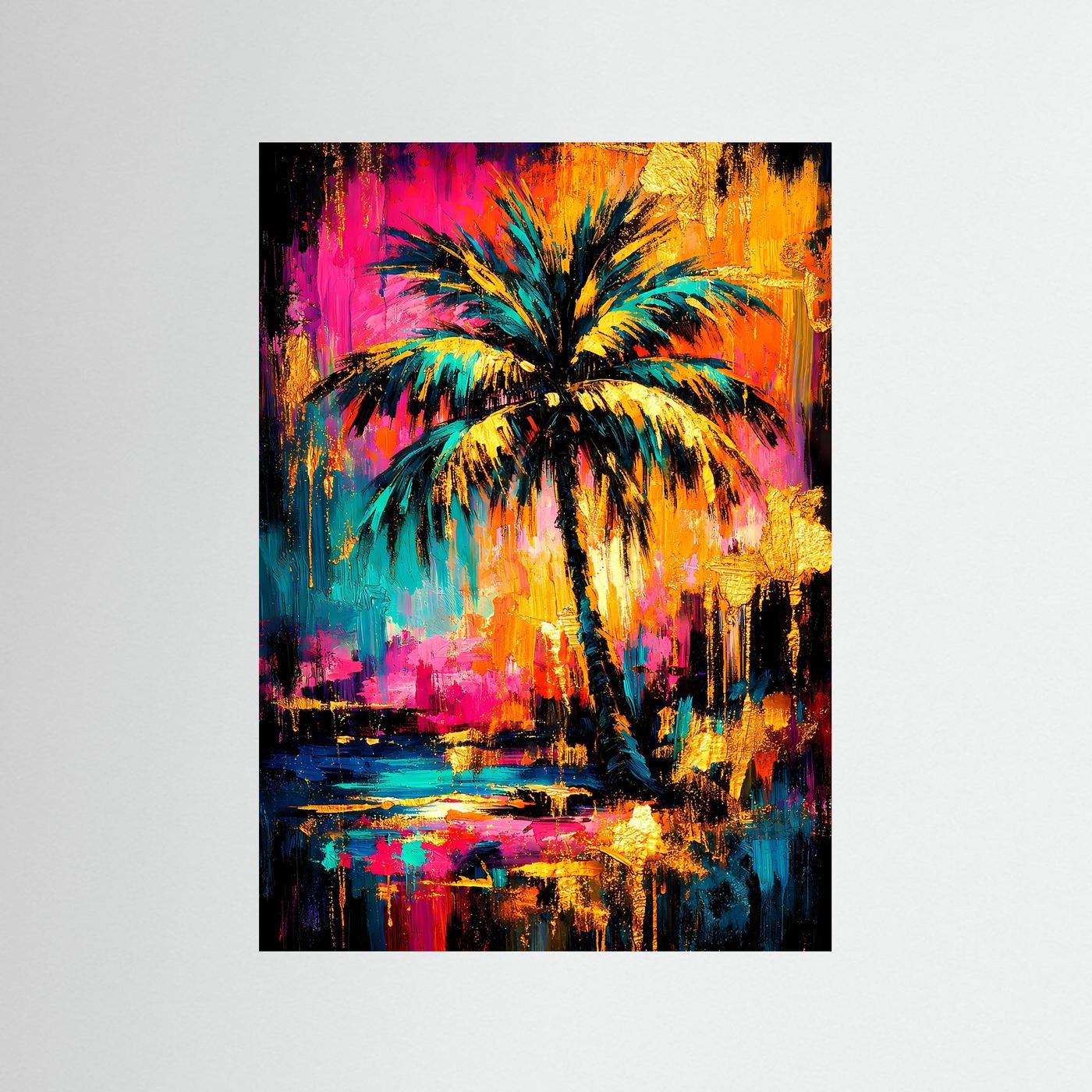 Hochformatiges Palmen-Kunstposter, buntes Neon-Farbspiel mit Spiegelung im Wasser