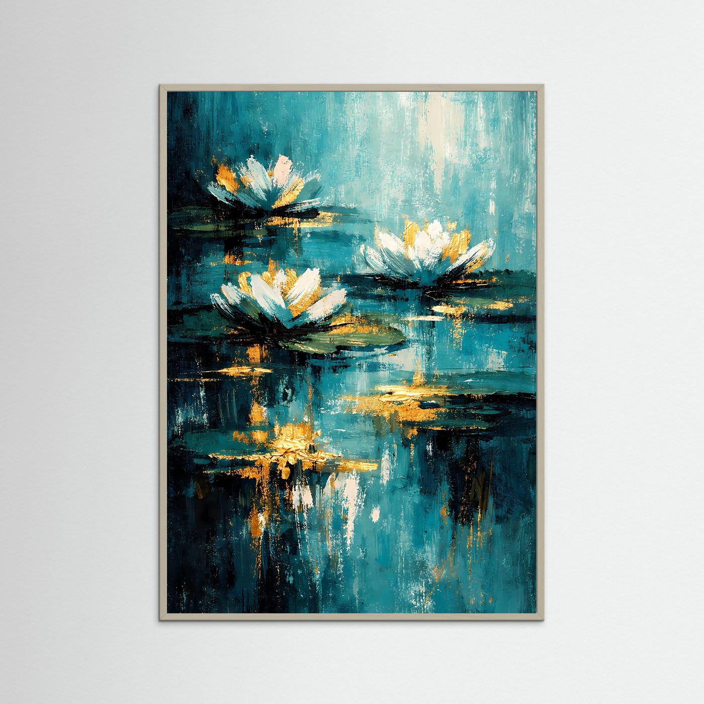 Wandbild mit Seerosen auf blauem Teich, abstrakte Pinseloptik, im hellbraunen Rahmen