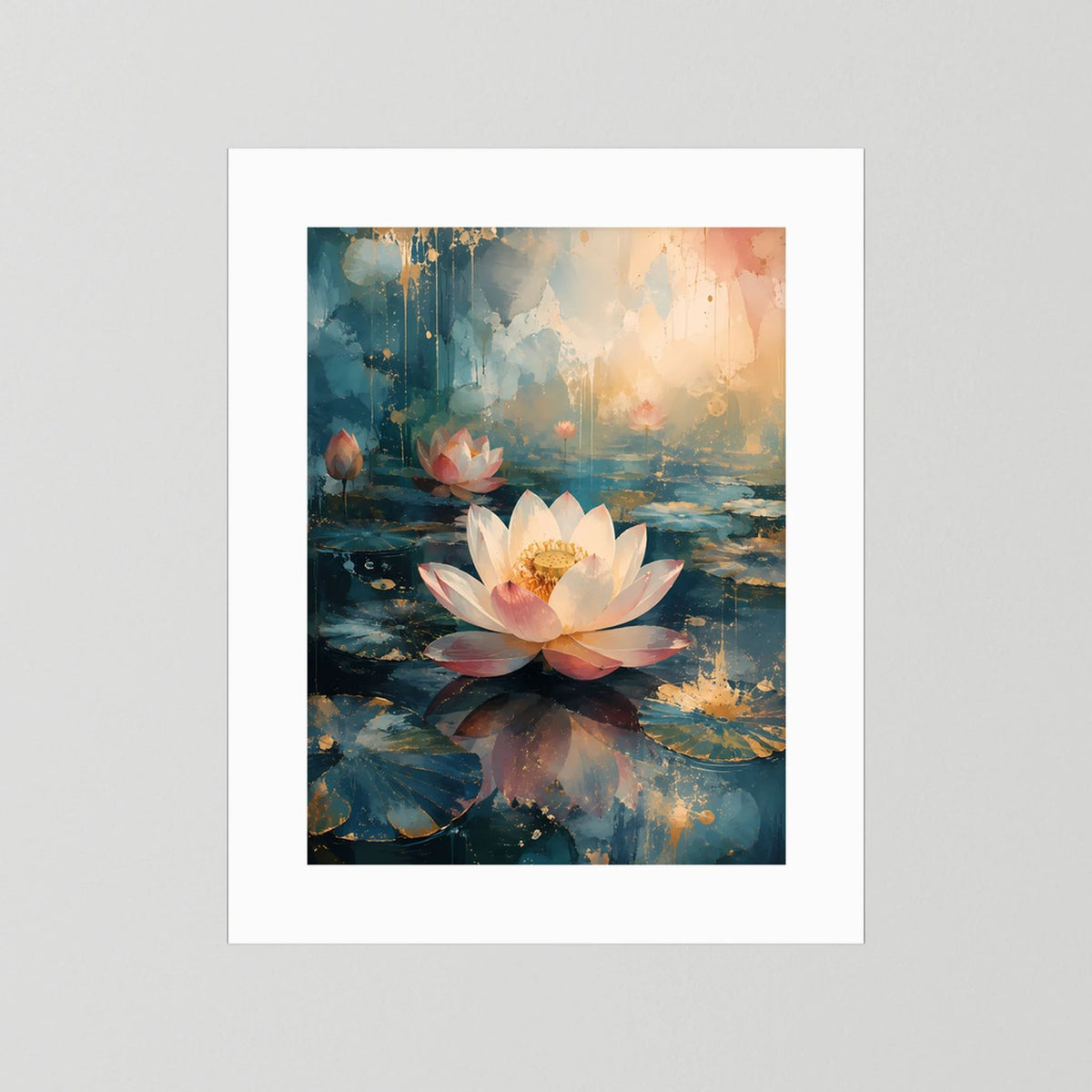 Hochformatiges Lotus-Kunstposter mit weißem Rand, weiße und rosafarbene Blüten im blau-goldenen Stil