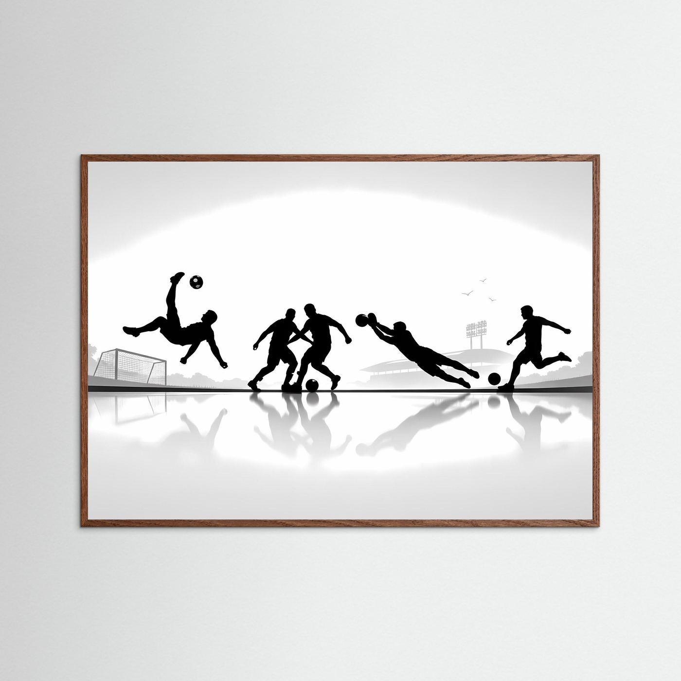 Fußball-Poster im braunen Holzrahmen mit schwarzweißen Spieler-Silhouetten, Querformat