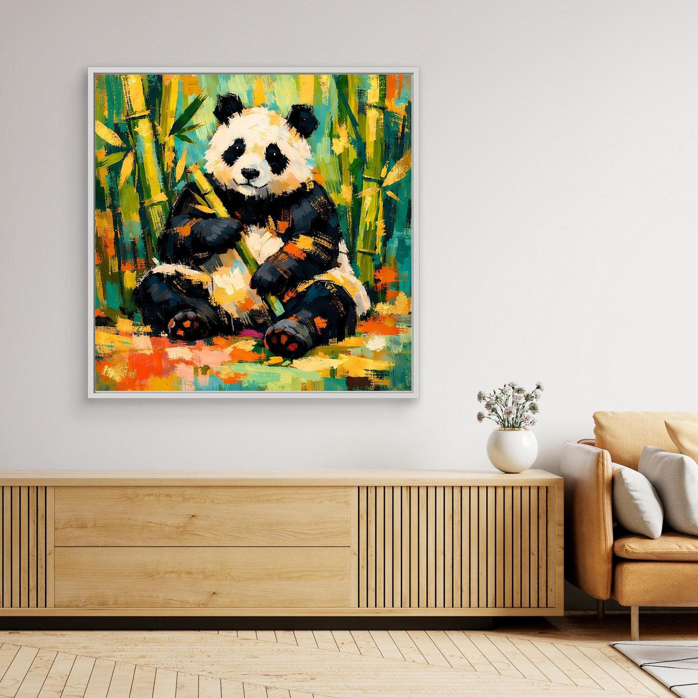 Weiß gerahmtes Leinwandbild mit Panda-Illustration im Bambuswald, farbenfroh