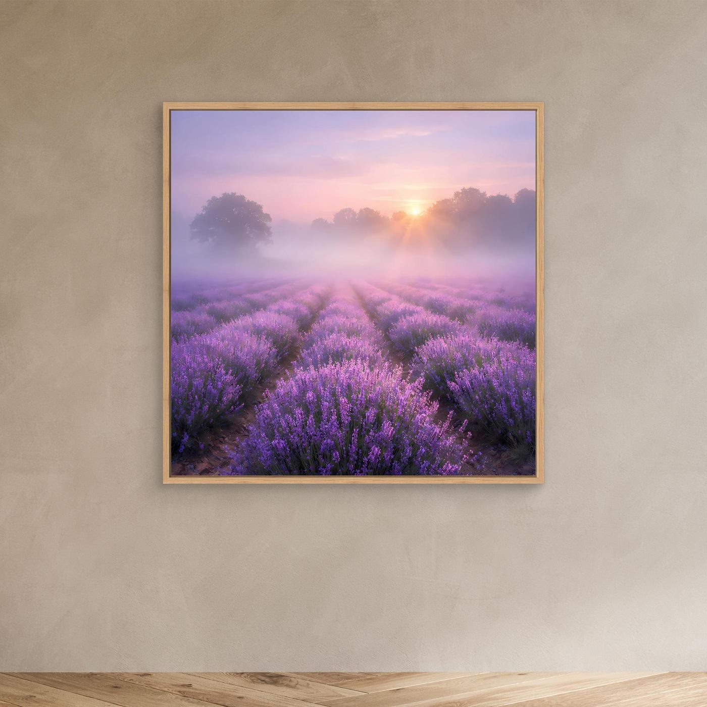 Rechteckiges Leinwandbild mit Lavendelfeld im Nebel und Sonnenaufgang, Eichenrahmen