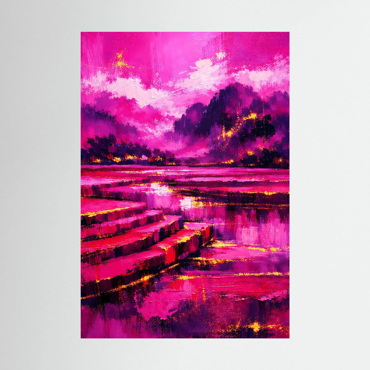 Abstraktes Landschafts-Poster im Hochformat: pinker Himmel, See und Ufer in Magenta-Tönen