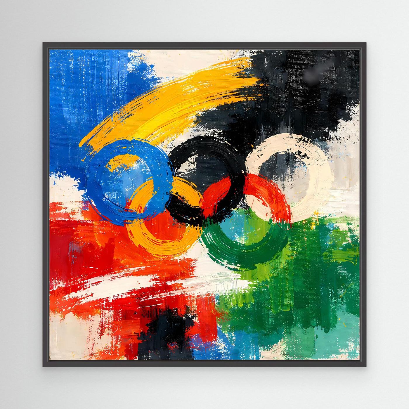 Leinwandbild abstrakte Olympische Ringe: Blau, Gelb, Schwarz, Rot, Grün mit schwarzem Rahmen