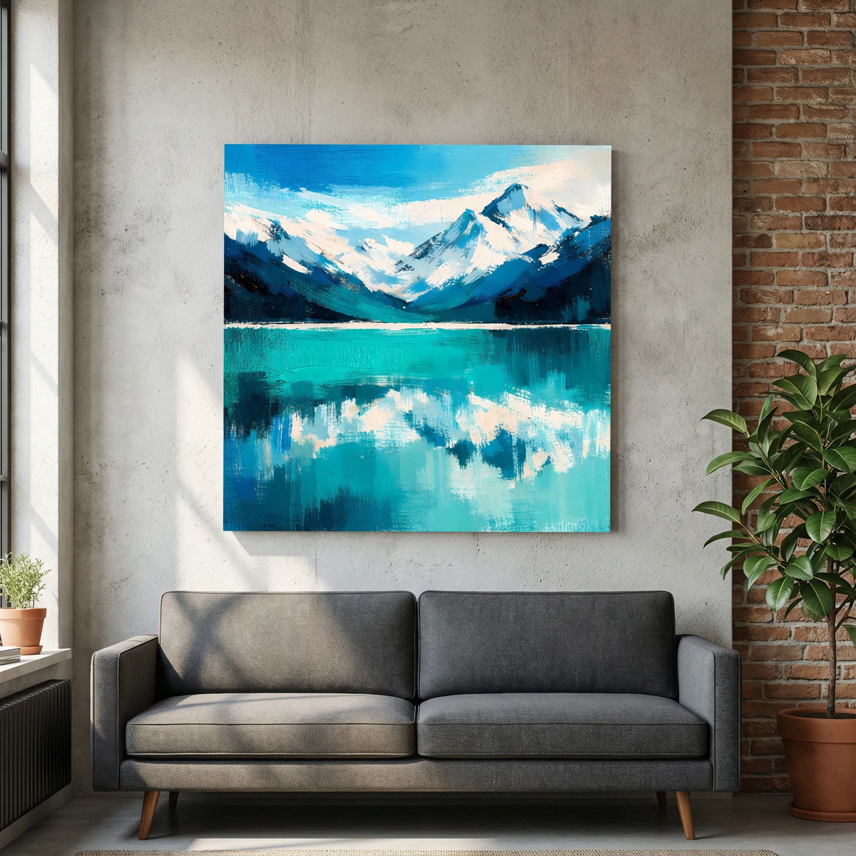 Leinwand Abstraktes Bergsee Gemälde | Modernes Alpines Wandbild Türkis Blau