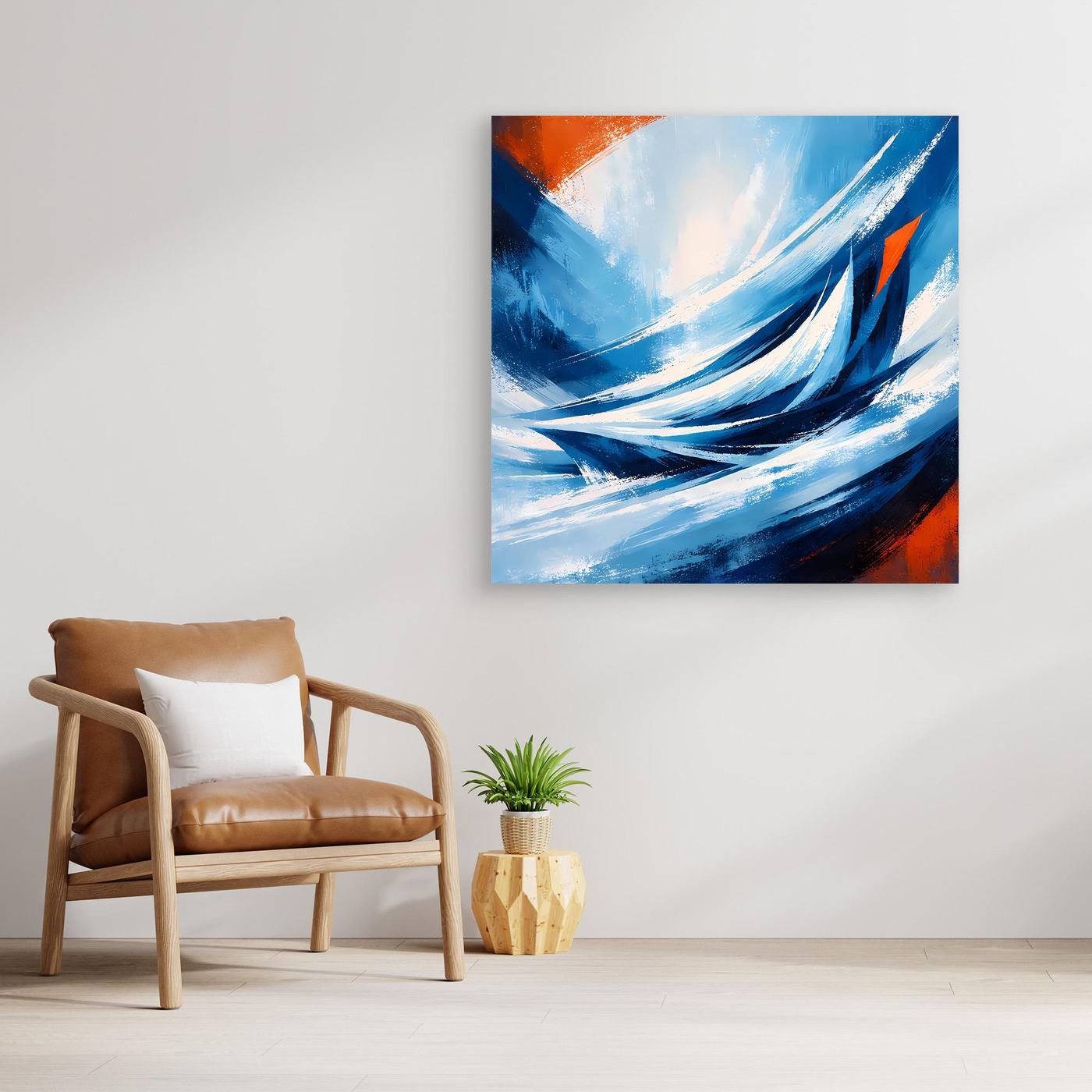 Abstraktes Leinwandbild mit blauen Wellen und orangefarbenen Details, hängt im Raum, Hochformat