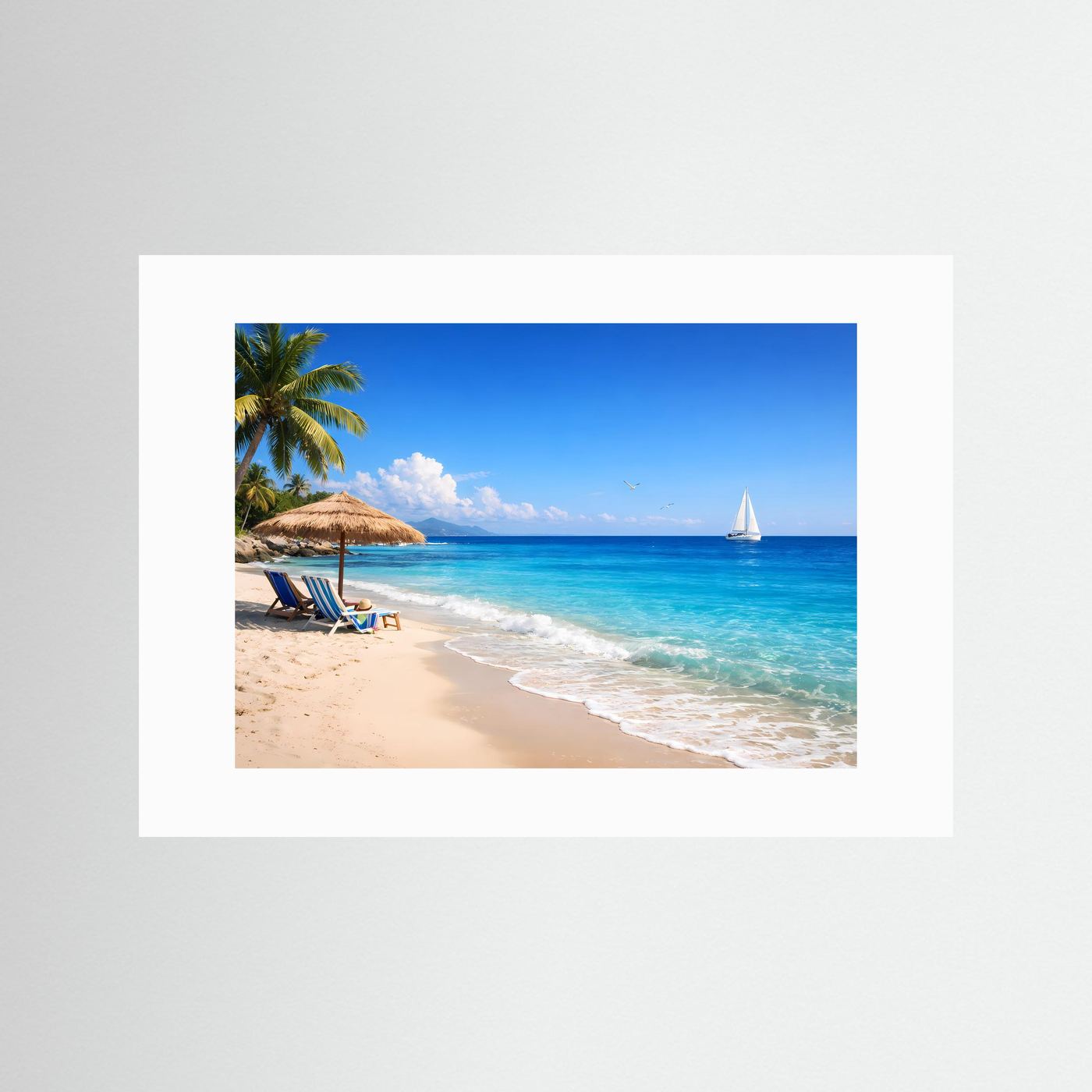 Strandposter im Querformat mit breitem weißem Passepartout, Palmen, Sandstrand und Segelboot