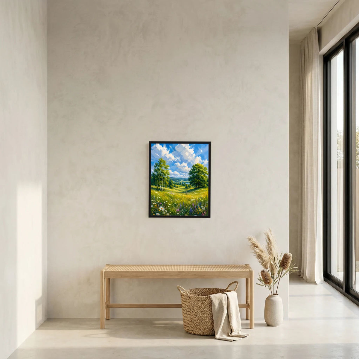 Dunkel gerahmtes Kunstposter mit grünen Hügeln, Blumenwiese und Bäumen unter Wolkenhimmel