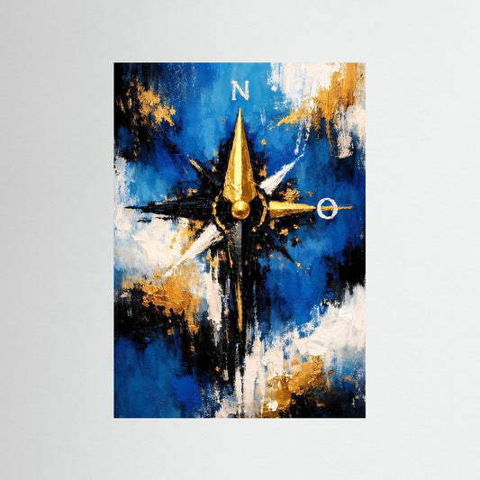 Hochformatiges Kunstposter mit goldener Kompassrose auf blau-weißer abstrakter Farbfläche