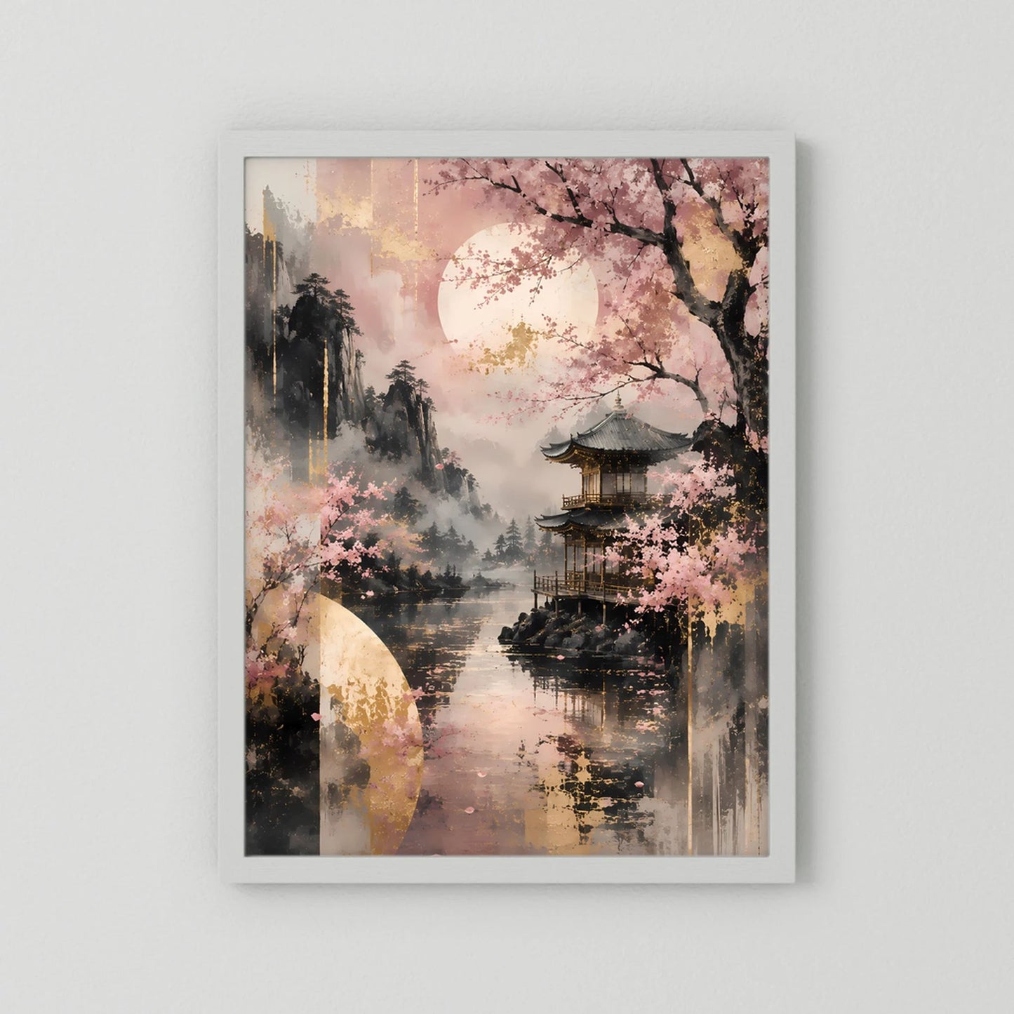 Poster im Hochformat mit Kirschblüten und Tempel am See, weißer Rahmen