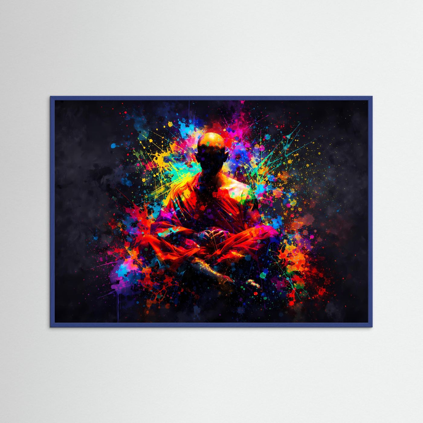 Kunstposter mit meditierendem Buddha im Farb-Sprühfeuerwerk, blauer Rahmen