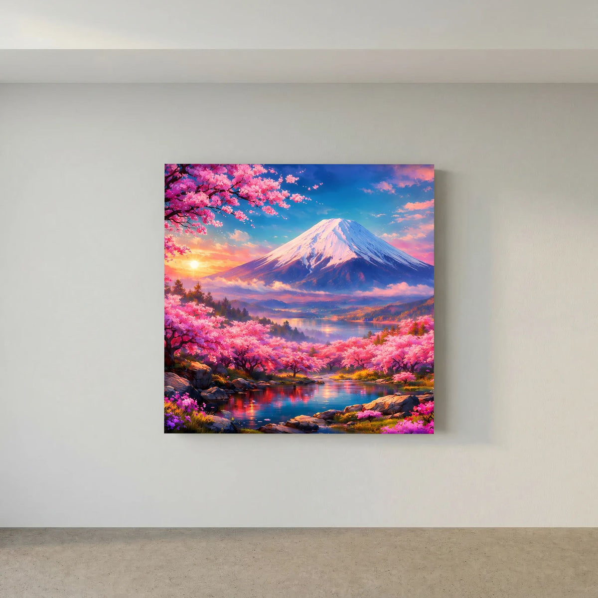 Quadratisches Leinwandbild auf Holzkeilrahmen mit Fuji und Kirschblüten im Abendhimmel