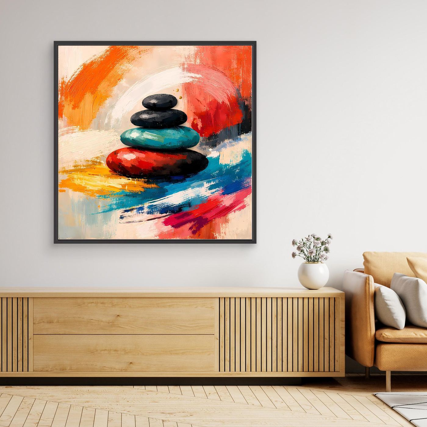 Zen-Wandbild mit gestapelten Steinen, bunt, mit schwarzem Rahmen