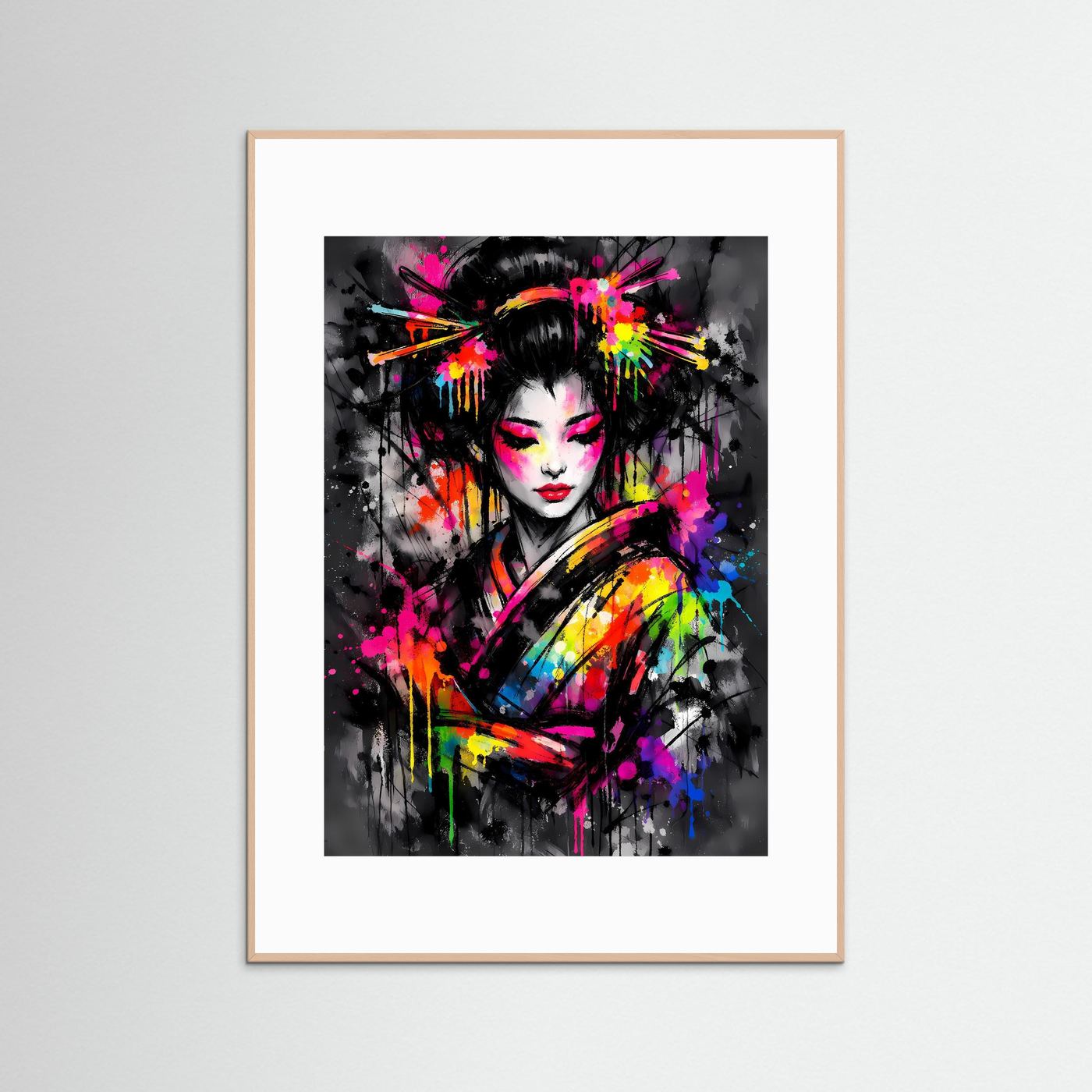The Neon Geisha | Luxuriöses Geisha Poster Bunt & Dunkel | Abstraktes Japan Kunstposter Hochformat