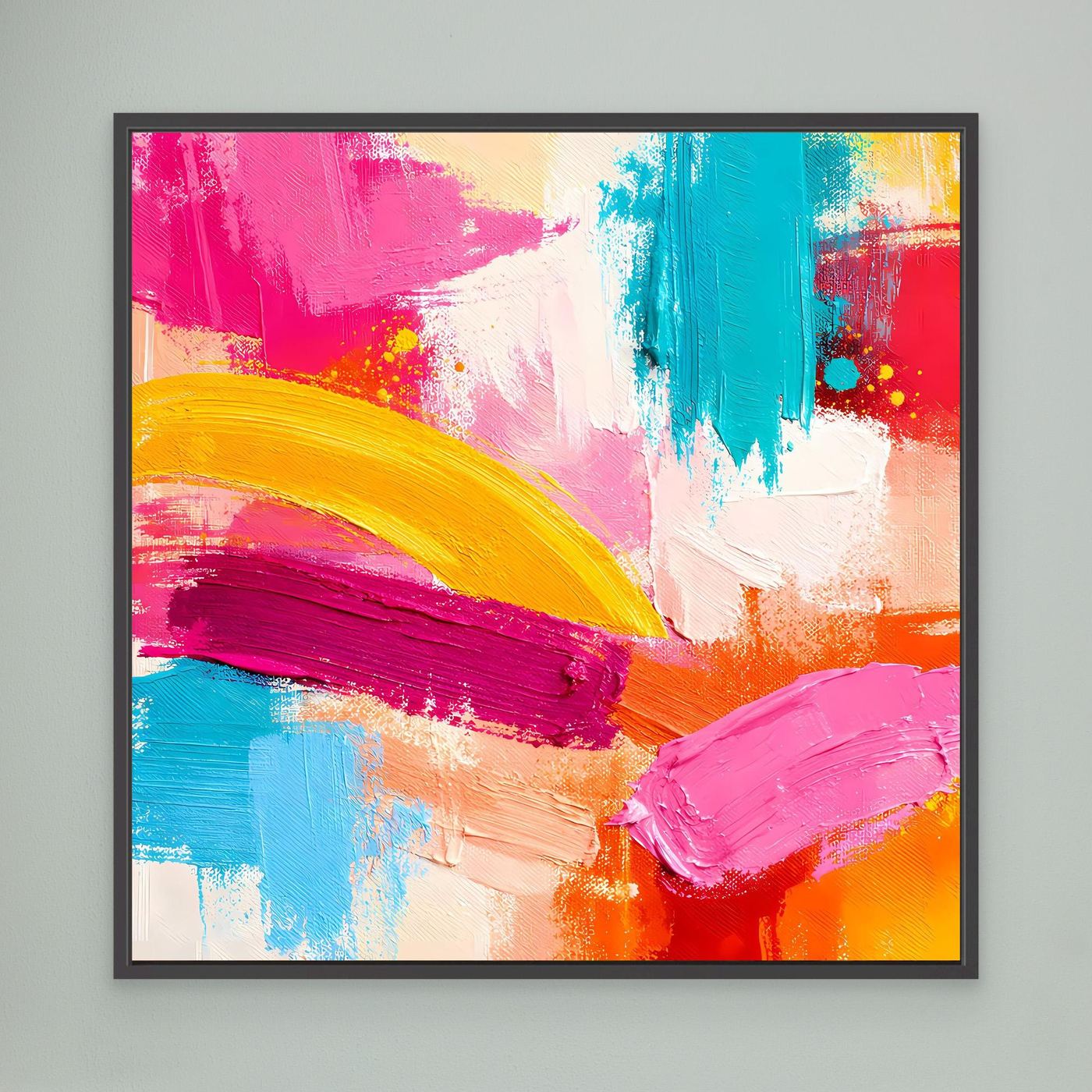 Abstract pastel canvas wall art with black frame, bold pink, teal, yellow, and orange brushstrokes