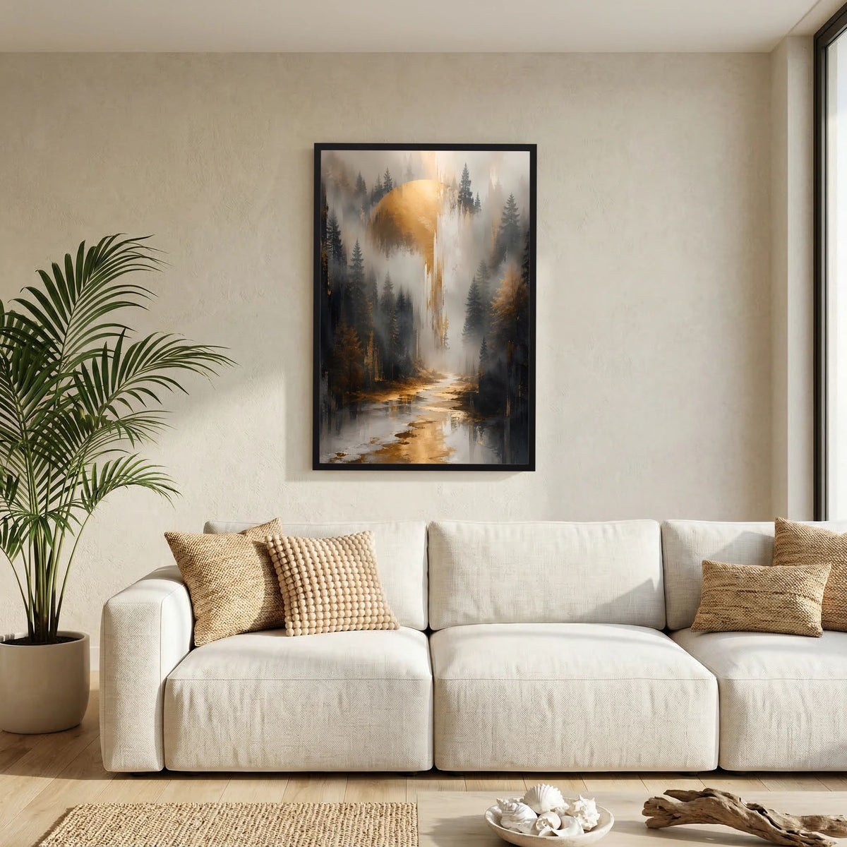 Kleinformatiges Hochformat-Poster im schwarzen Rahmen: goldene Nebelsäule über Wald und Bach.