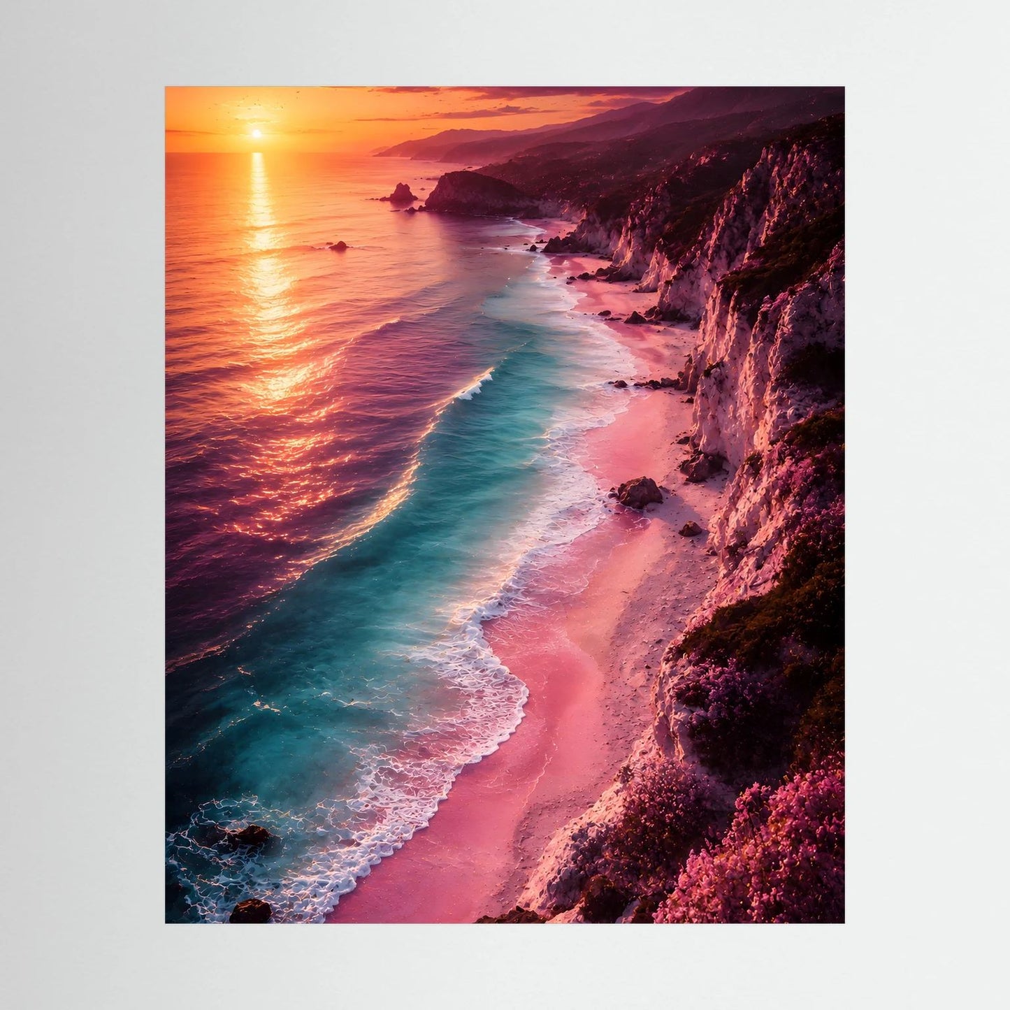 Hochformat-Poster: Küste mit türkisfarbenem Meer, rosafarbenem Strand und Sonnenuntergang.