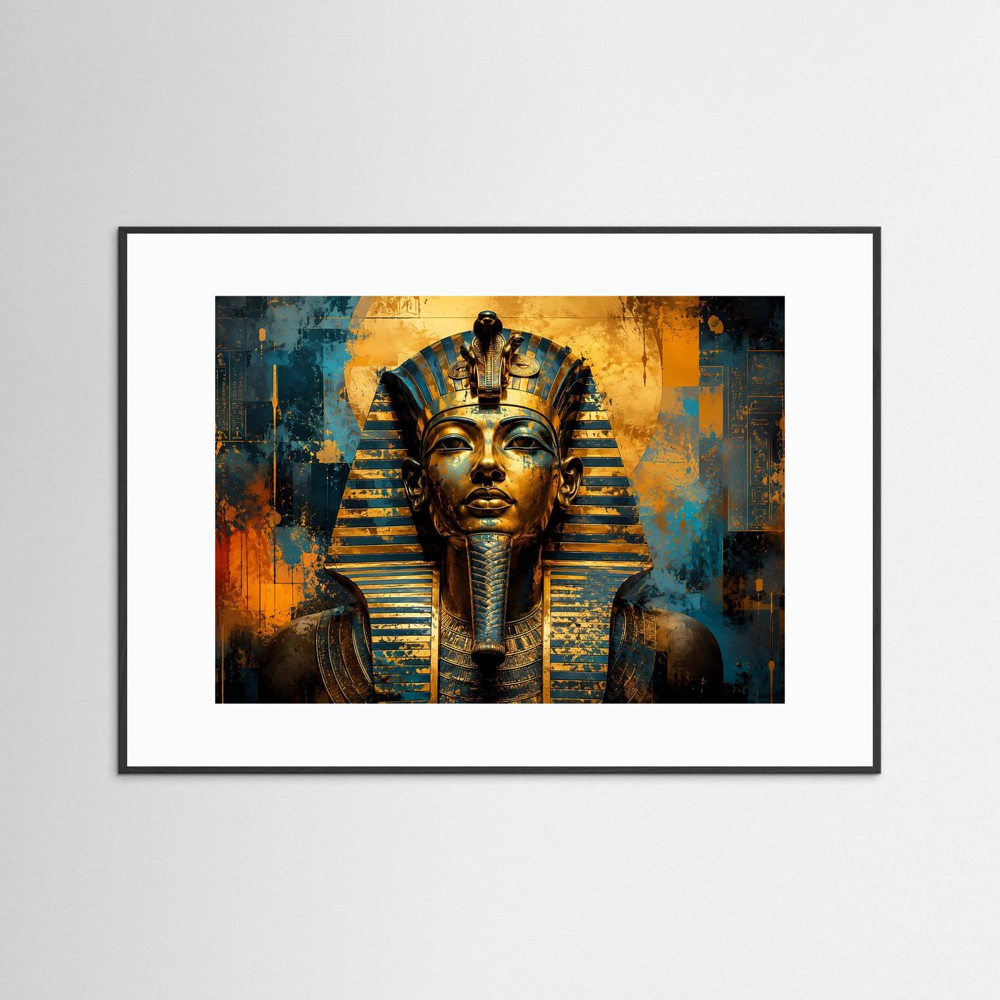 Wandbild mit Pharao-Porträt: goldene und blaue Kopfbedeckung, schwarzer Rahmen, weißes Passepartout