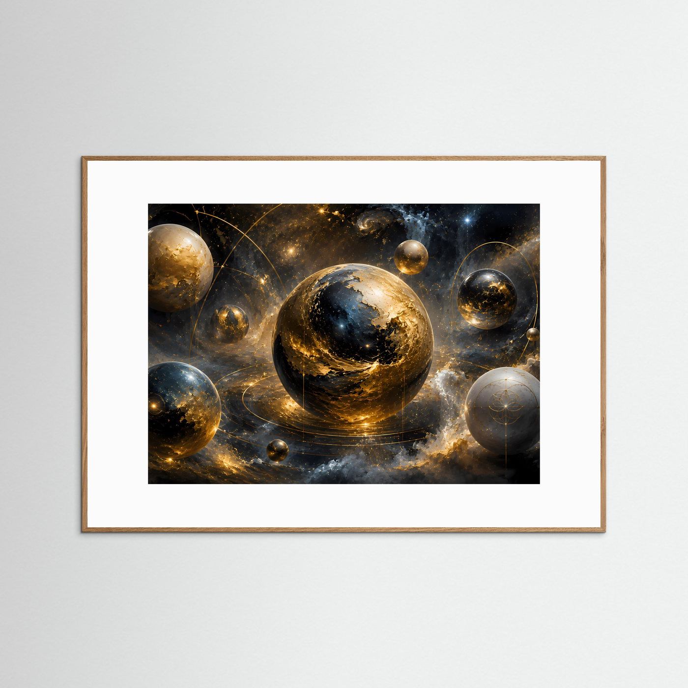 Abstraktes Weltraum-Poster mit Planeten, Gold-Schwarz, heller Holzrahmen