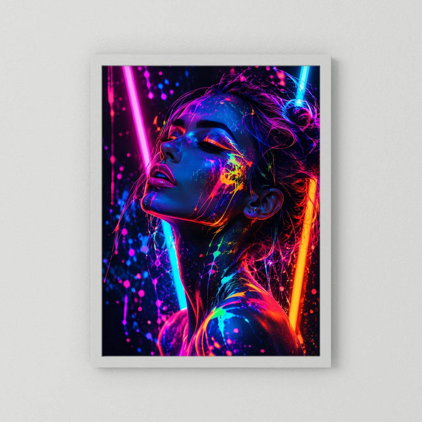 Neon-Porträt-Poster mit weißem Rand: Frau seitlich, magenta und blau
