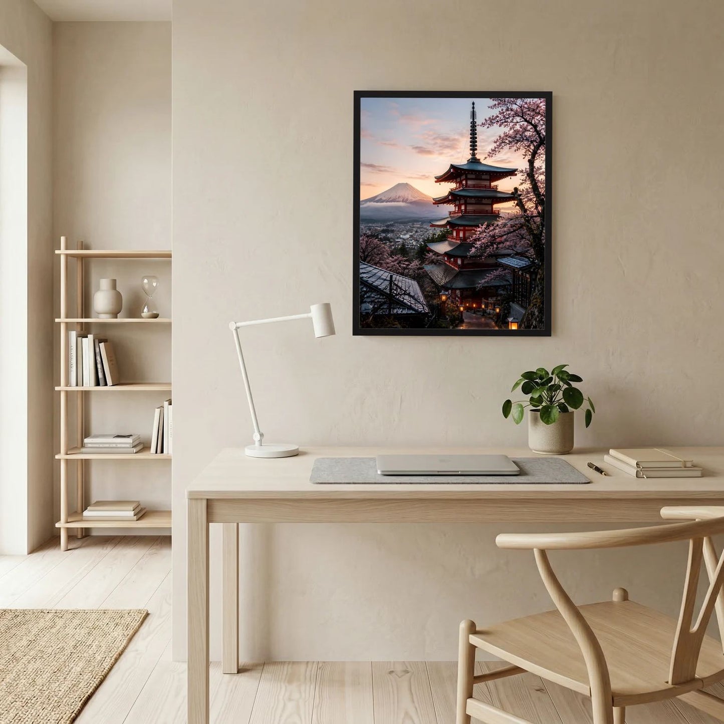 Gerahmtes Poster an der Wand: Pagode, Kirschblütenzweig und Fuji bei Dämmerung