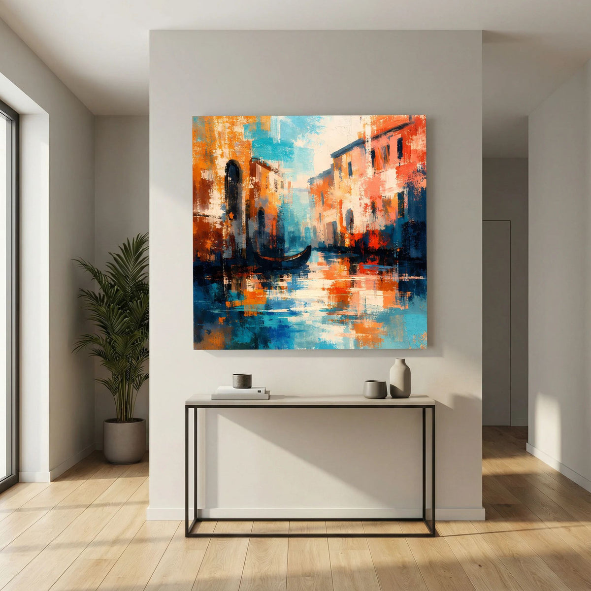 Abstraktes Leinwand-Wandbild mit Gondel im Kanal, orange-blaues Farbspiel und Spiegelung.