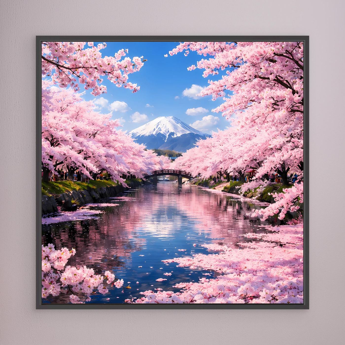 Leinwandbild mit rosa Kirschblüten, Berg Fuji und Fluss mit Brücke, dunkel gerahmt