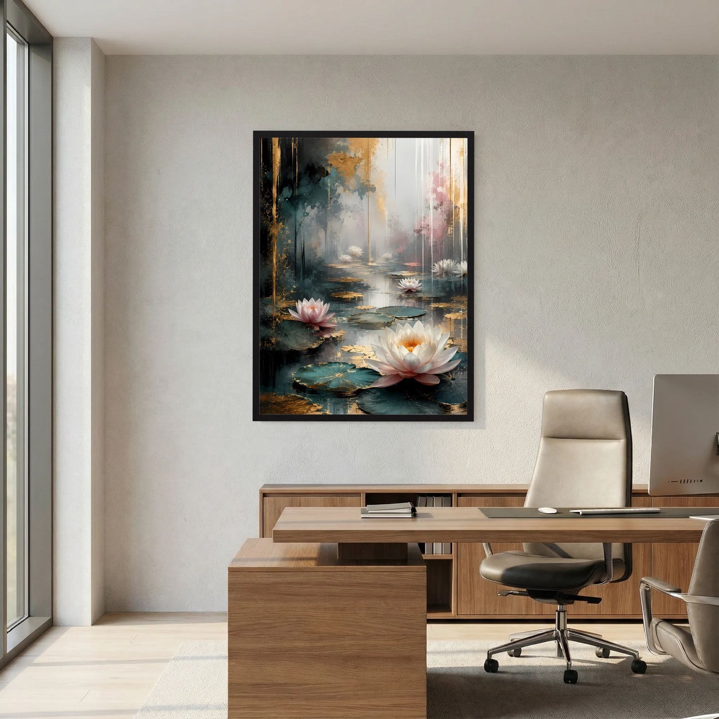 Abstraktes Wasserlilien-Poster im Hochformat mit weißen Blüten und rosafarbenem Lichtschein, schwarzer Rahmen