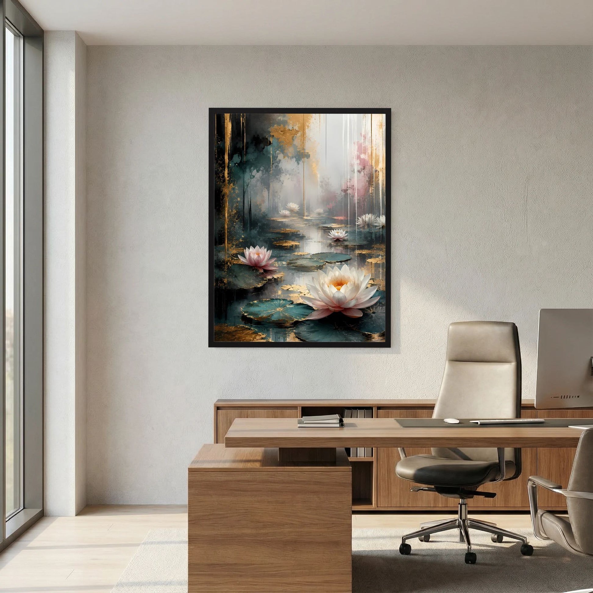Abstraktes Wasserlilien-Poster im Hochformat mit weißen Blüten und rosafarbenem Lichtschein, schwarzer Rahmen