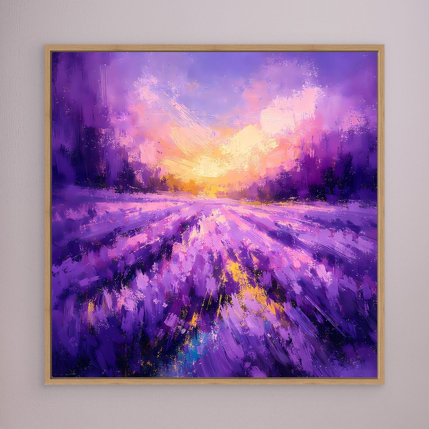 Lavendel-Wandbild auf Leinwand mit Holzrahmen, abstraktes Blumenfeld in Violett und warmem Licht