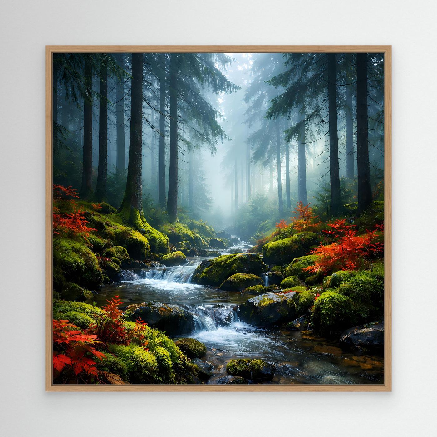 Wandbild im Eichenrahmen: nebliger Wald mit Bach und roten Herbstpflanzen