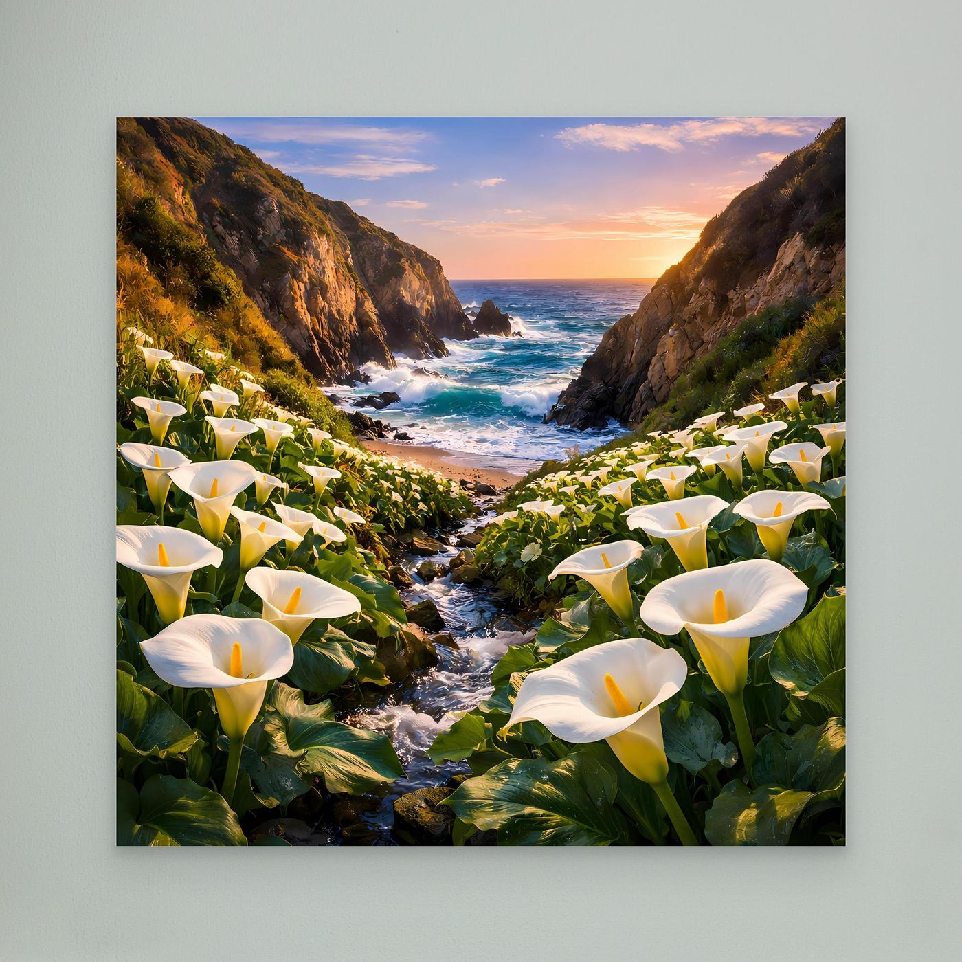 Leinwandbild mit Calla-Lilien und Meerblick in einer Küsten-Schlucht