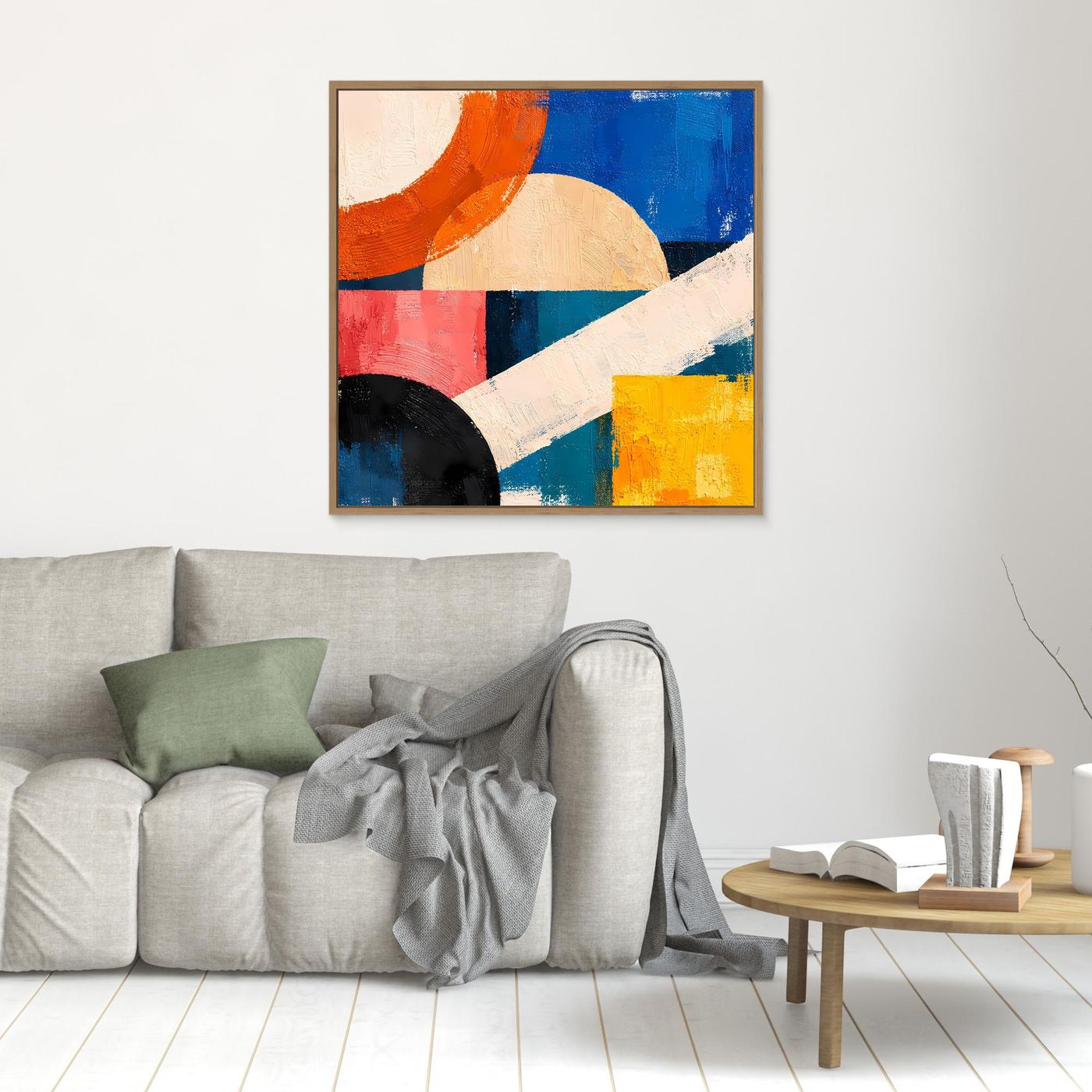 Abstract geometric canvas wall art with light wood frame, blue orange red yellow shapes