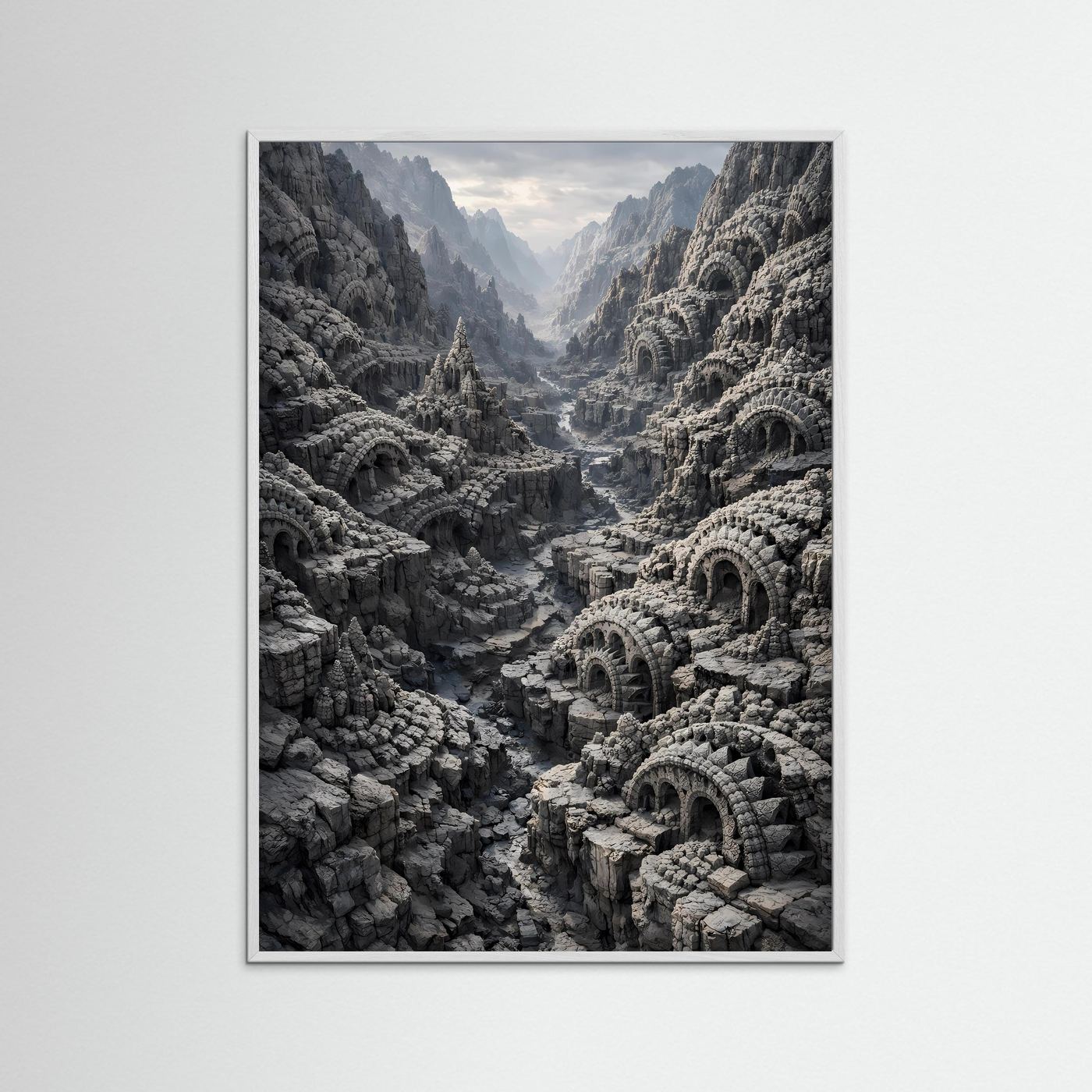 Kunstposter mit Ruinen-Schlucht in Steingrau in weißem Holzrahmen, Hochformat