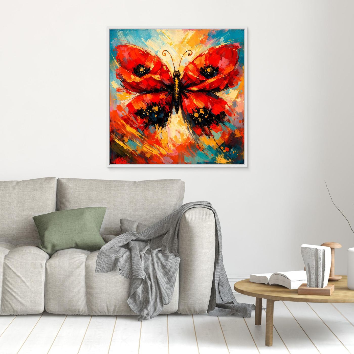 Quadratisches Leinwandbild Schmetterling, rot-blau abstrakt, dünn gerahmt.