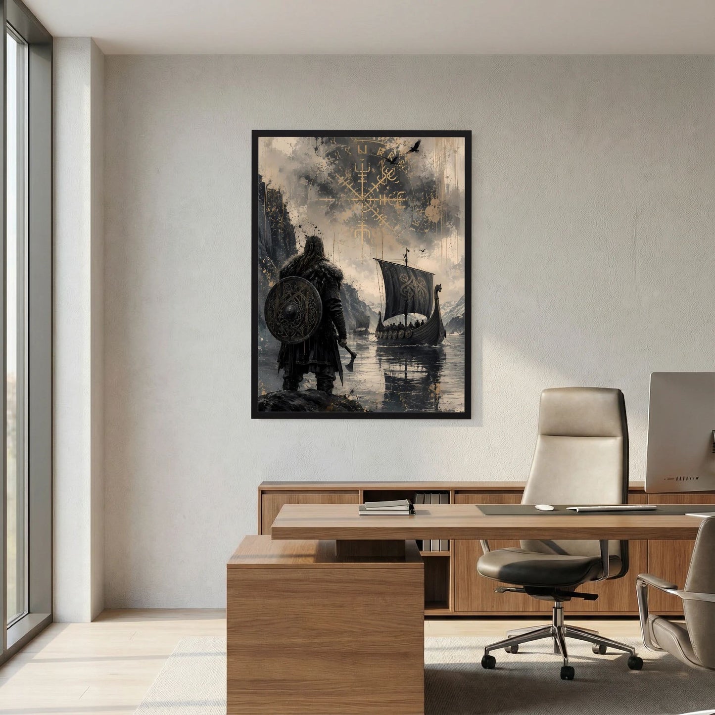 Hochformat-Poster im schwarzen Rahmen mit Wikingerkrieger, Langschiff und Runen