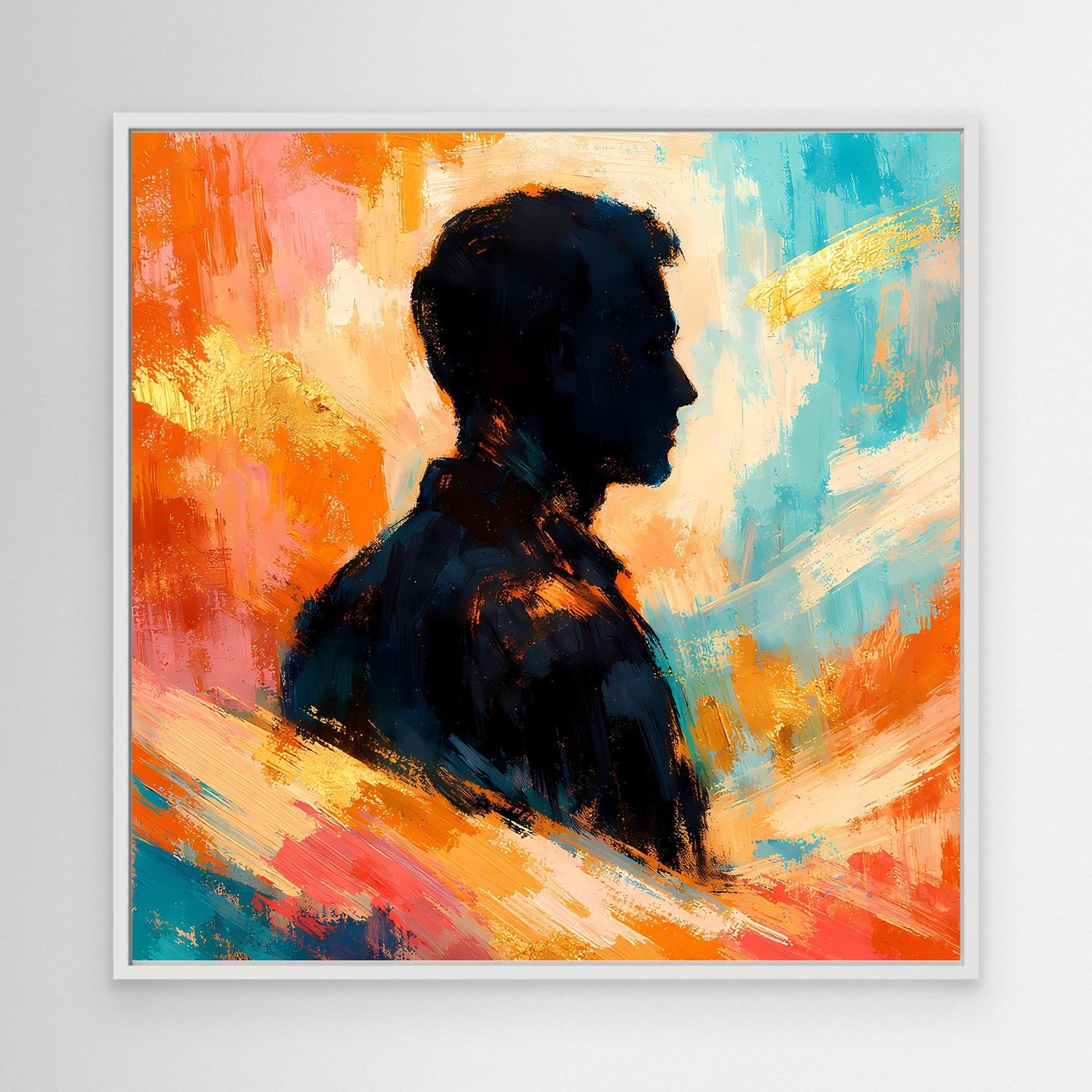 Leinwandbild mit weißem Rahmen und abstrakter Silhouette eines Mannes im Profil, warm farbig