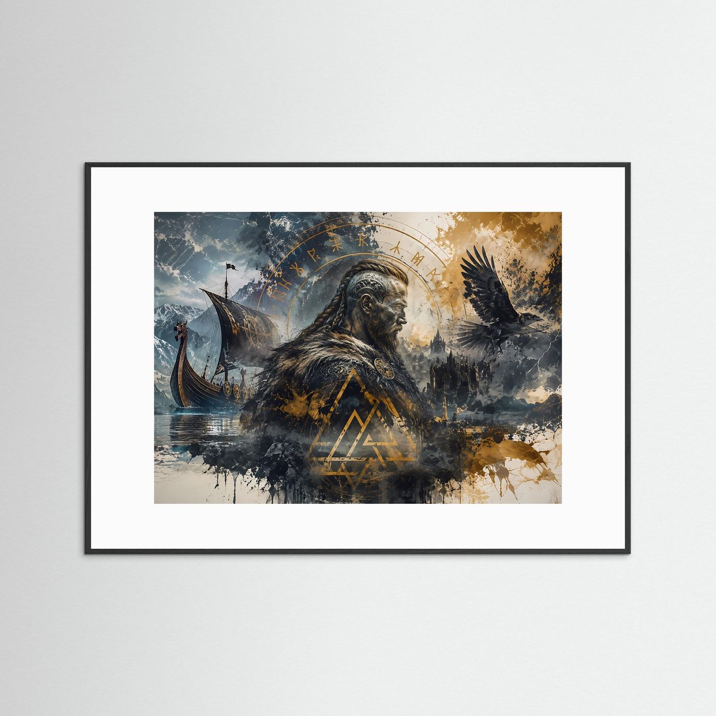 Wikinger Poster | Nordische Mythologie Wandbild | Viking Kunst mit Rabe & Langschiff | Ragnarök Runen | Skandinavische Fine Art