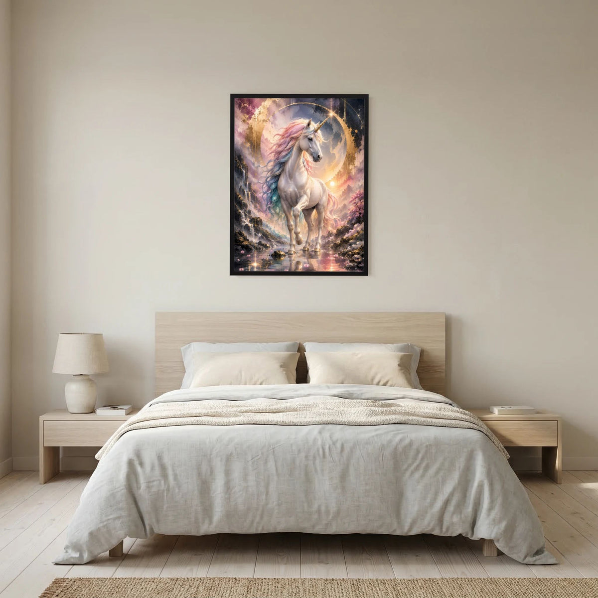 Gerahmtes Hochformat-Poster mit weißem Einhorn, pastellfarbener Mähne und Kreislicht