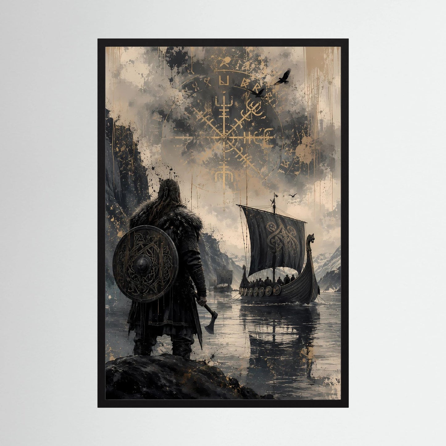 Hochformatiges Wikinger-Poster: stehender Krieger mit Schild, Langschiff und Runen